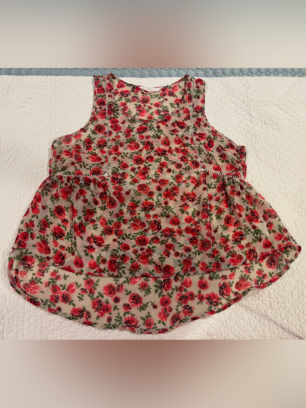 Lush Red Rose Floral Peplum Tank Lightweight Medium Boho